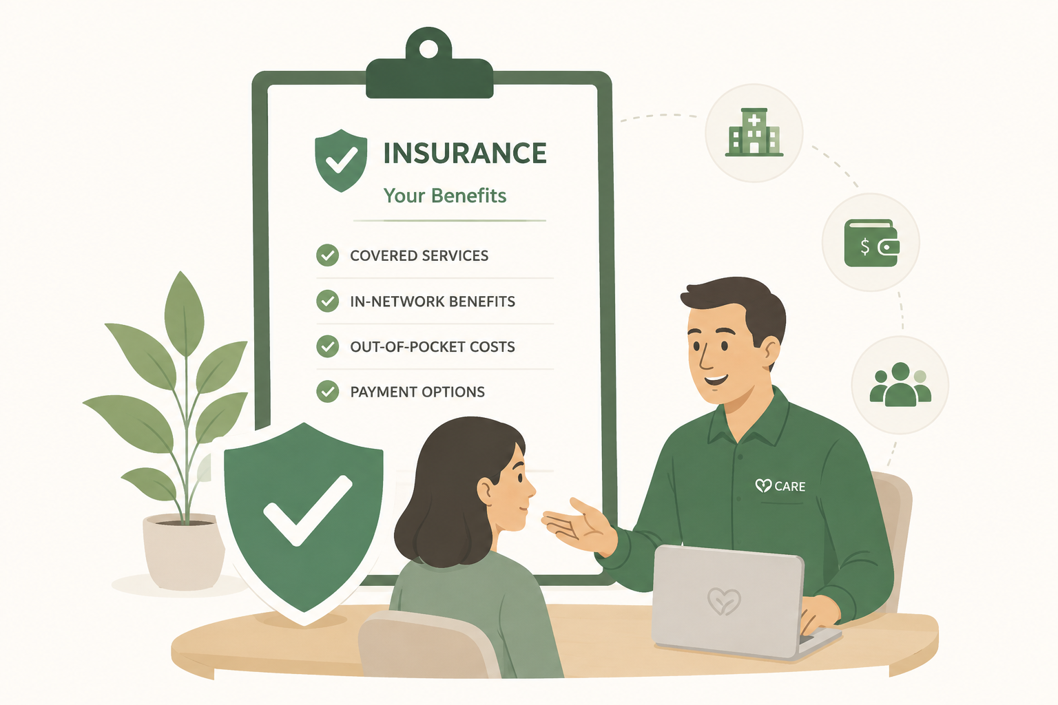A Lucid team member helping a client review their insurance benefits and coverage options on a laptop.