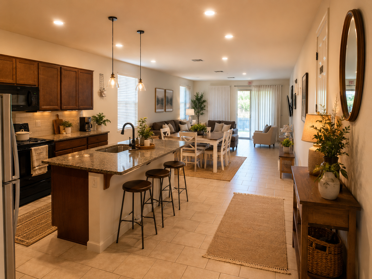 The bright, open kitchen, dining, and living area inside a Lucid Behavioral Health home.