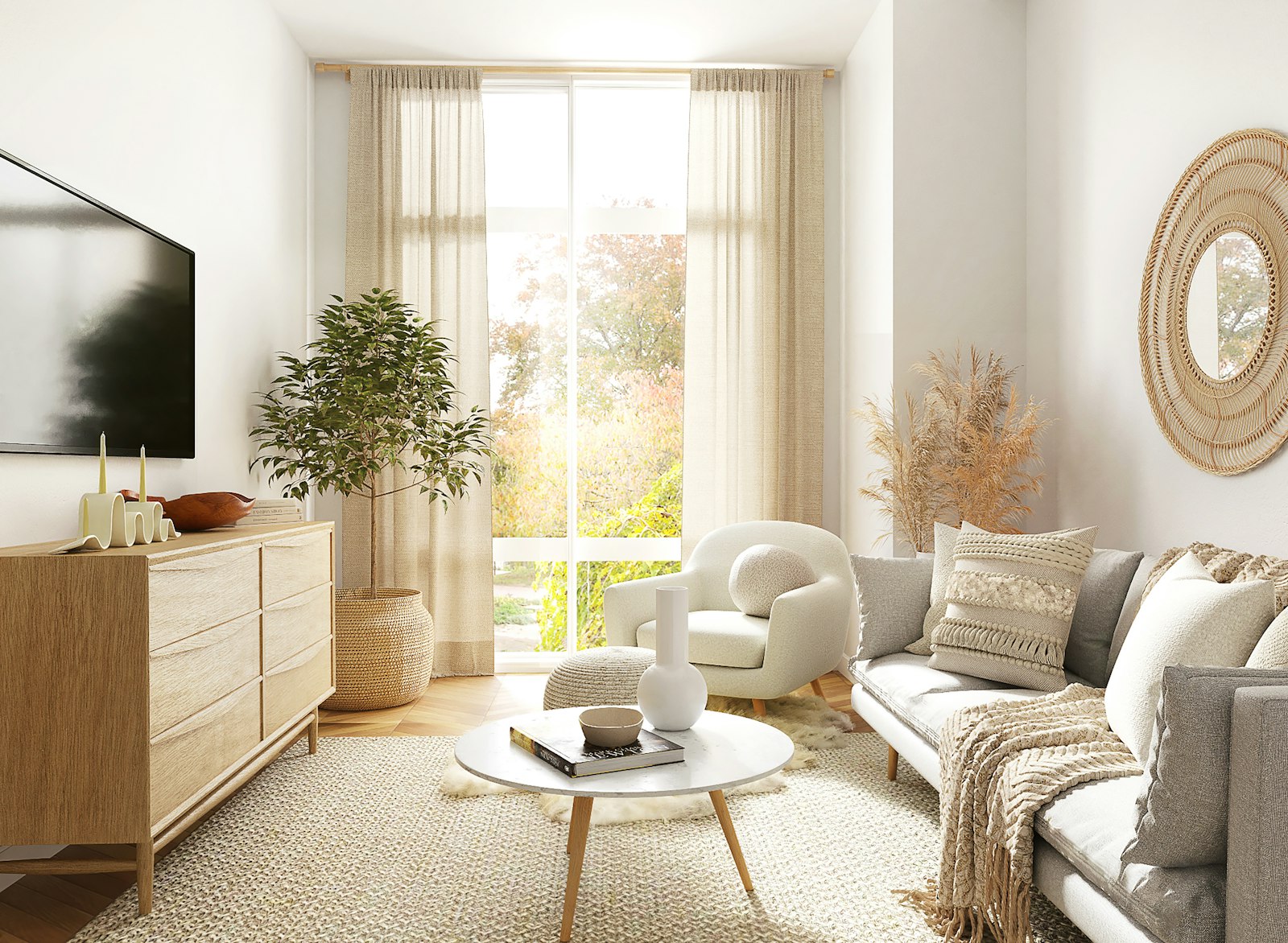 A bright, plant-filled common living area with comfortable seating in a Lucid Behavioral Health home.